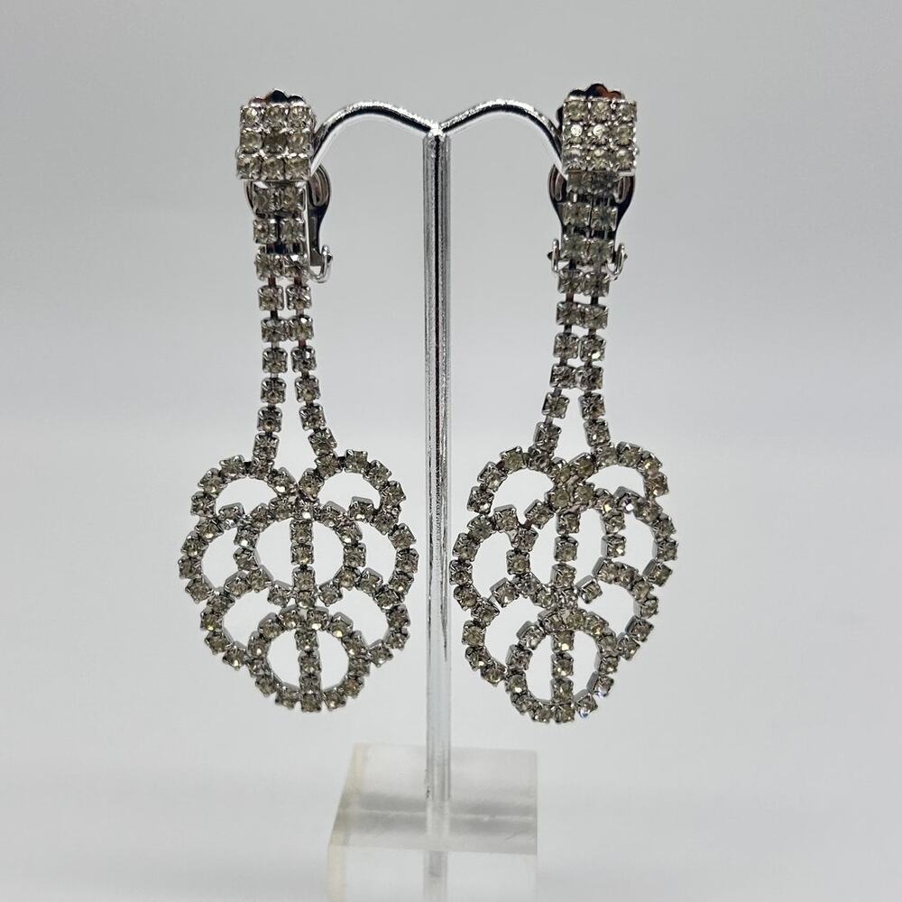 Vintage Rhinestone Drop Clip On Earrings Leaf Mid Century Silver Tone Costume